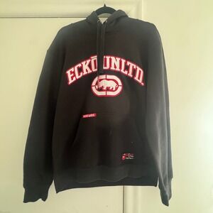Ecko Unltd Mens Black Pullover Hoodie Rhino Logo Embroidered Streetwear Size M